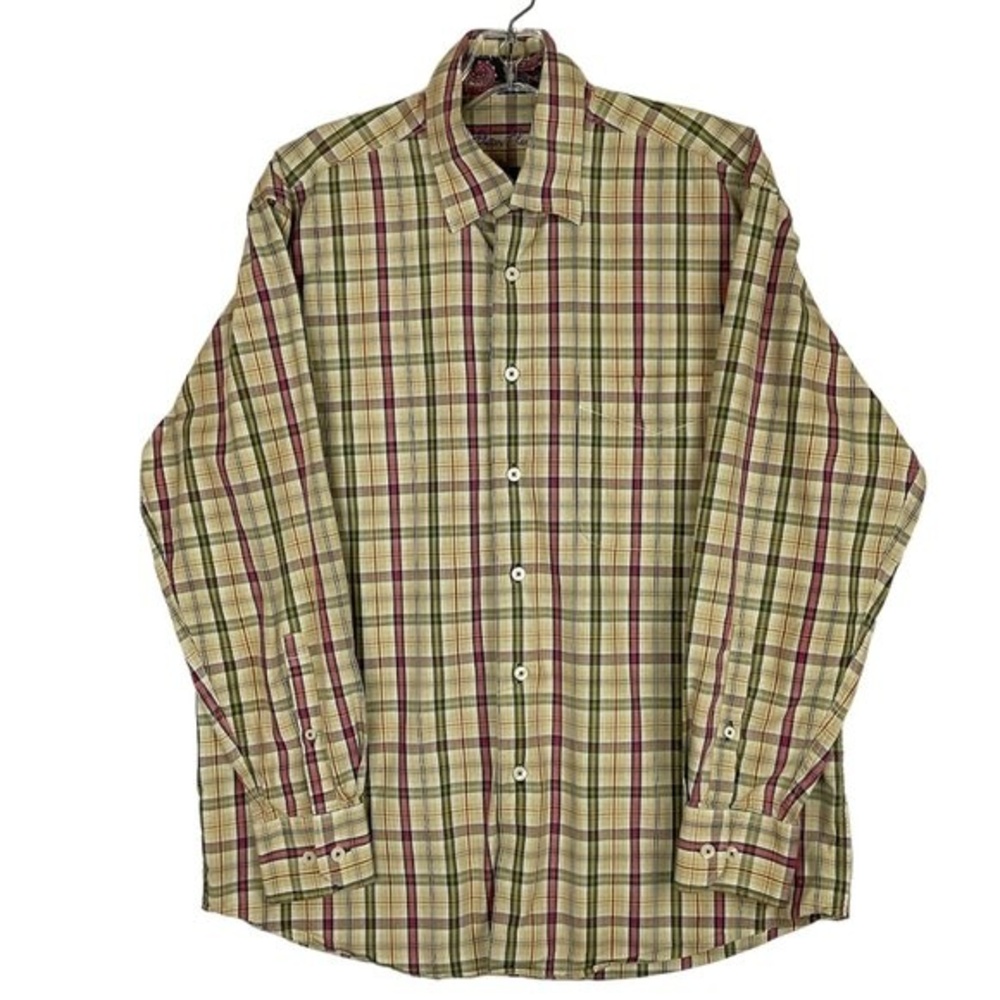 Alan Flusser Men’s Shirt Med Tan Green Plaid Long Sleeve Button Down Casual